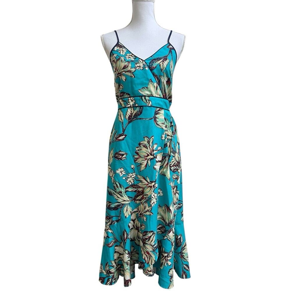 Band of the Free Midi Dress M Teal Floral Print Spaghetti Strap Faux Wrap Boho